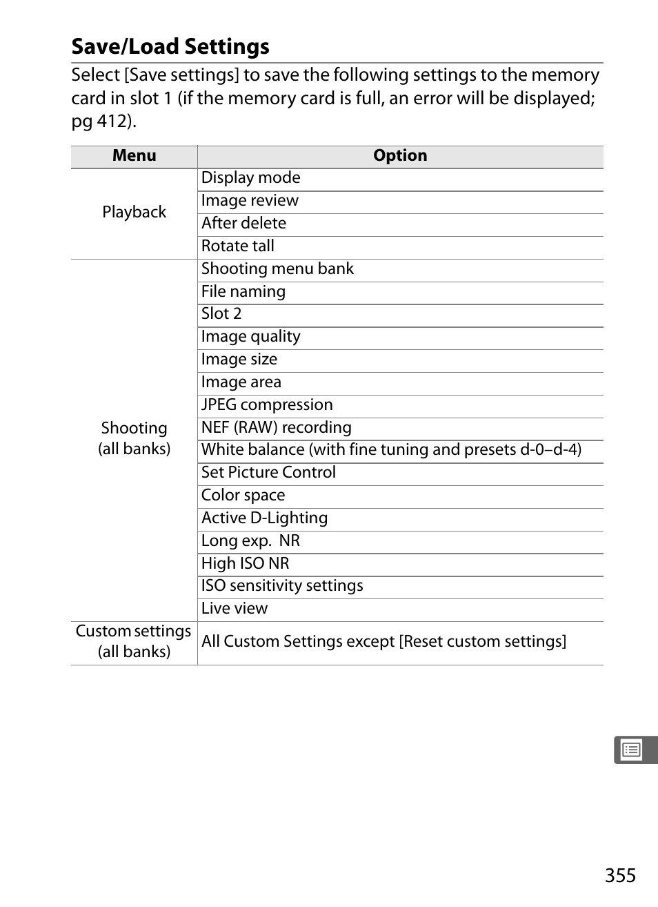 Save/load settings | Nikon D3 User Manual | Page 381 / 472