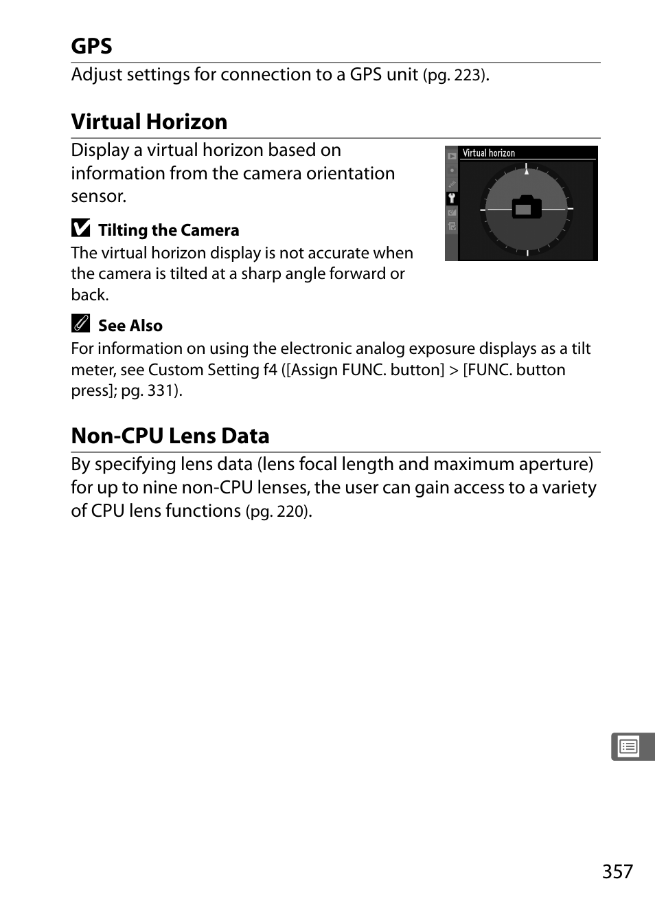 Virtual horizon, Non-cpu lens data | Nikon D3 User Manual | Page 383 / 472