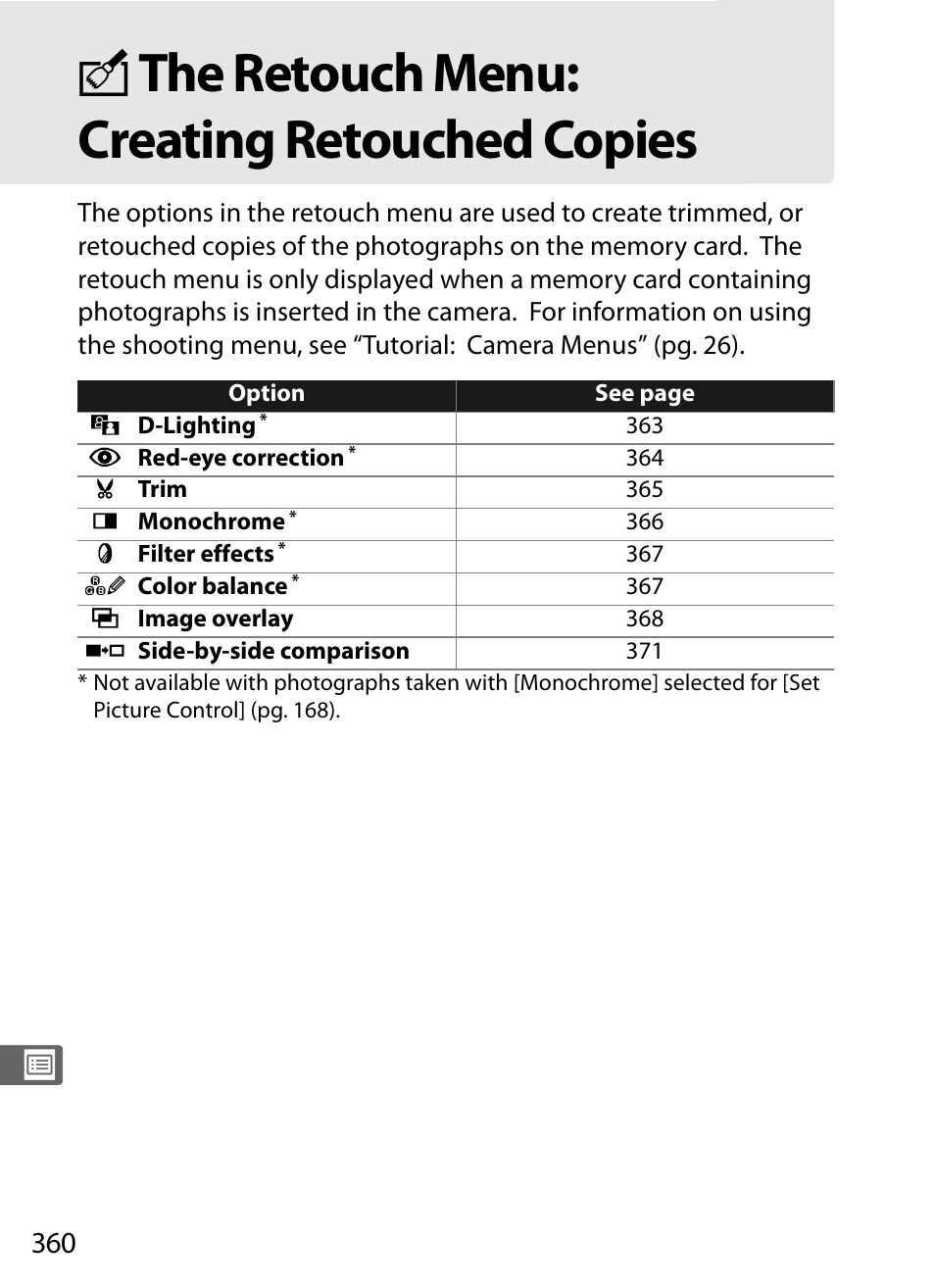 The retouch menu: creating retouched copies, N the retouch menu: creating retouched copies | Nikon D3 User Manual | Page 386 / 472