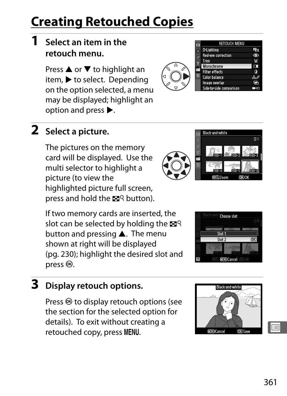 Creating retouched copies | Nikon D3 User Manual | Page 387 / 472