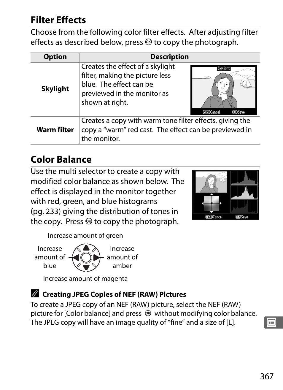 Filter effects, Color balance | Nikon D3 User Manual | Page 393 / 472