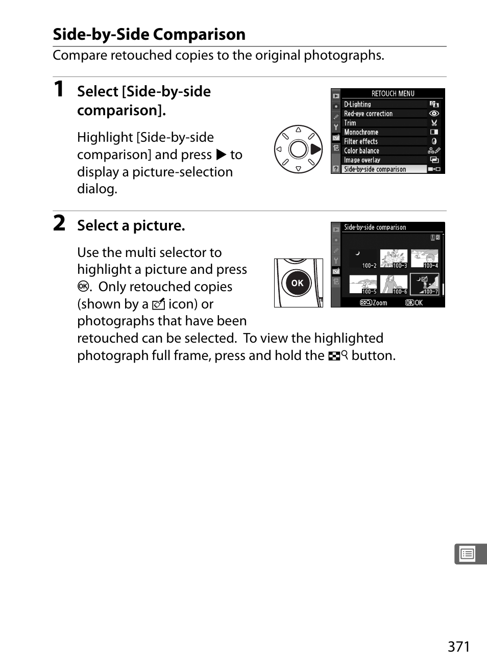 Side-by-side comparison | Nikon D3 User Manual | Page 397 / 472