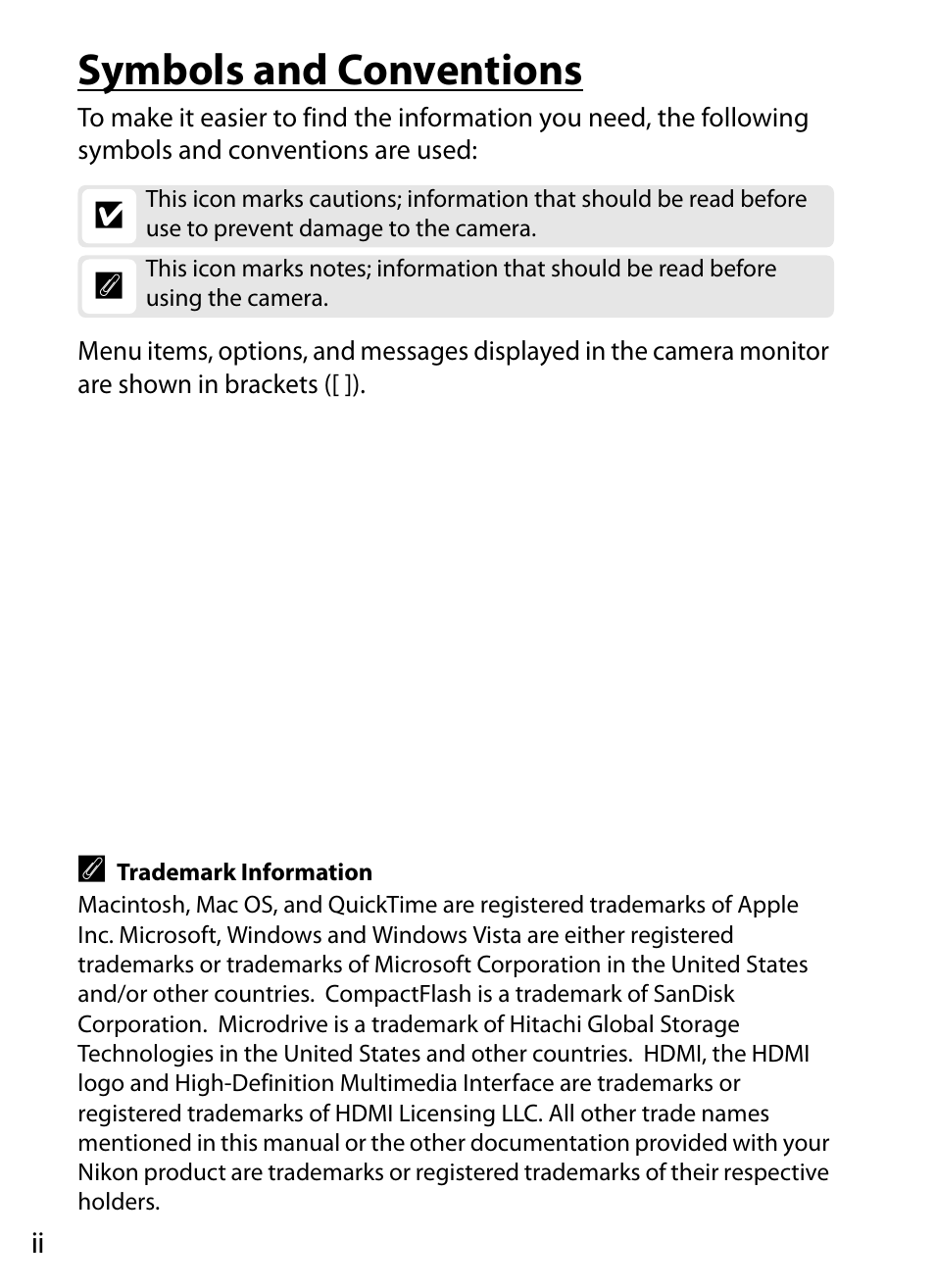 Symbols and conventions | Nikon D3 User Manual | Page 4 / 472