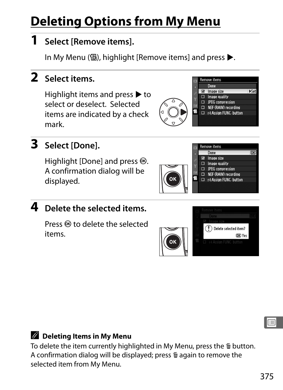 Deleting options from my menu | Nikon D3 User Manual | Page 401 / 472