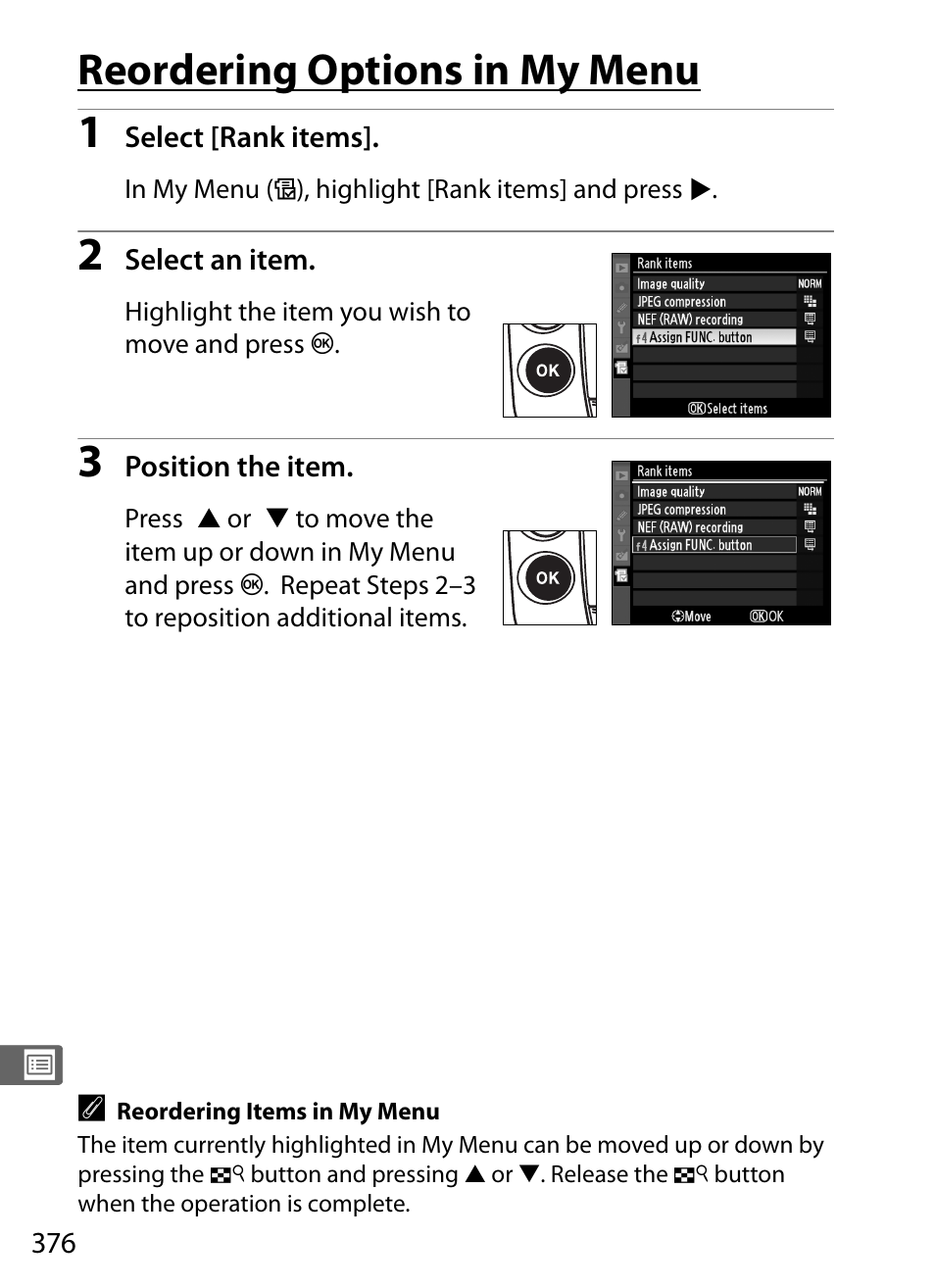 Reordering options in my menu | Nikon D3 User Manual | Page 402 / 472