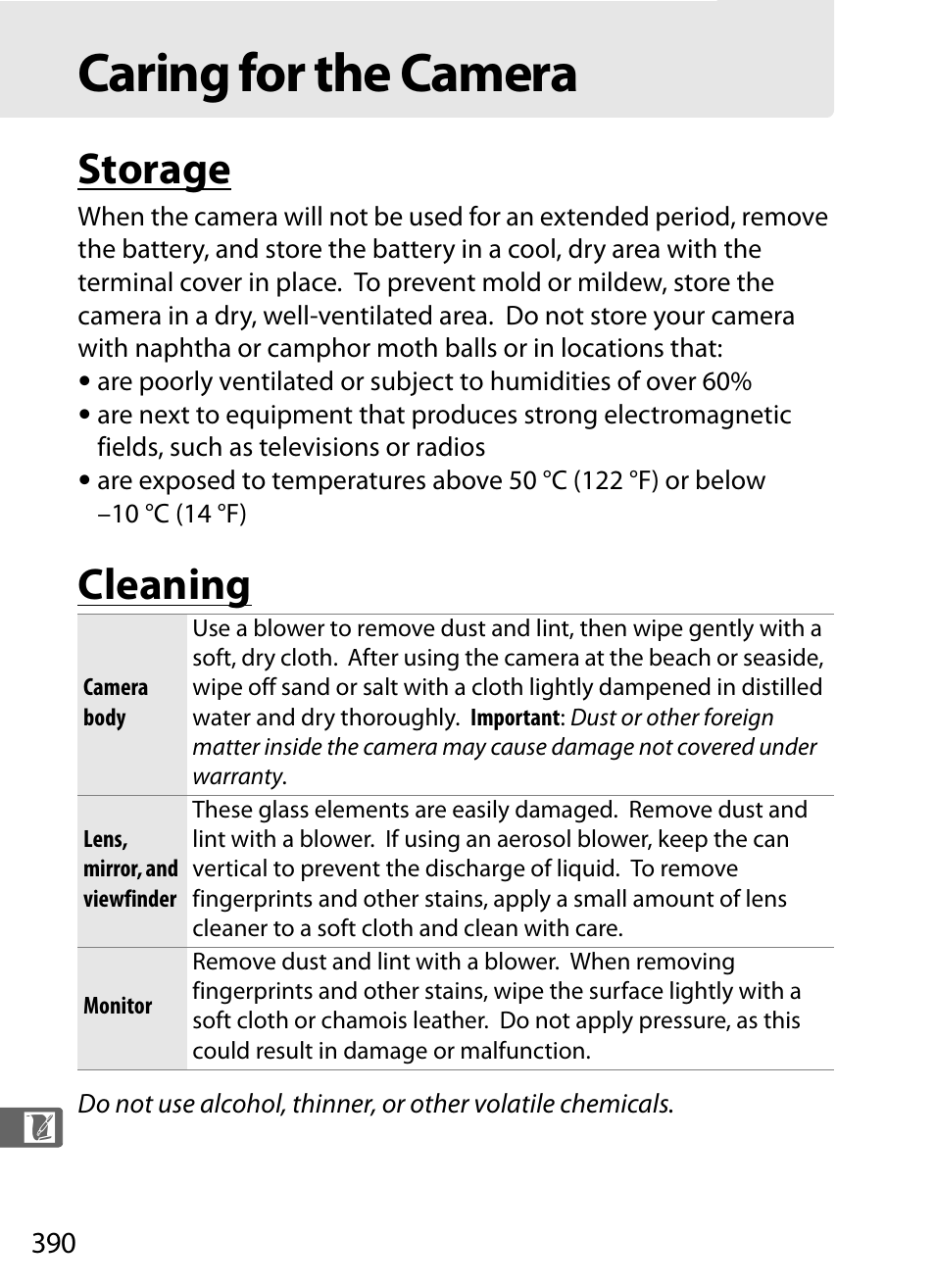 Caring for the camera, Storage, Cleaning | Nikon D3 User Manual | Page 416 / 472