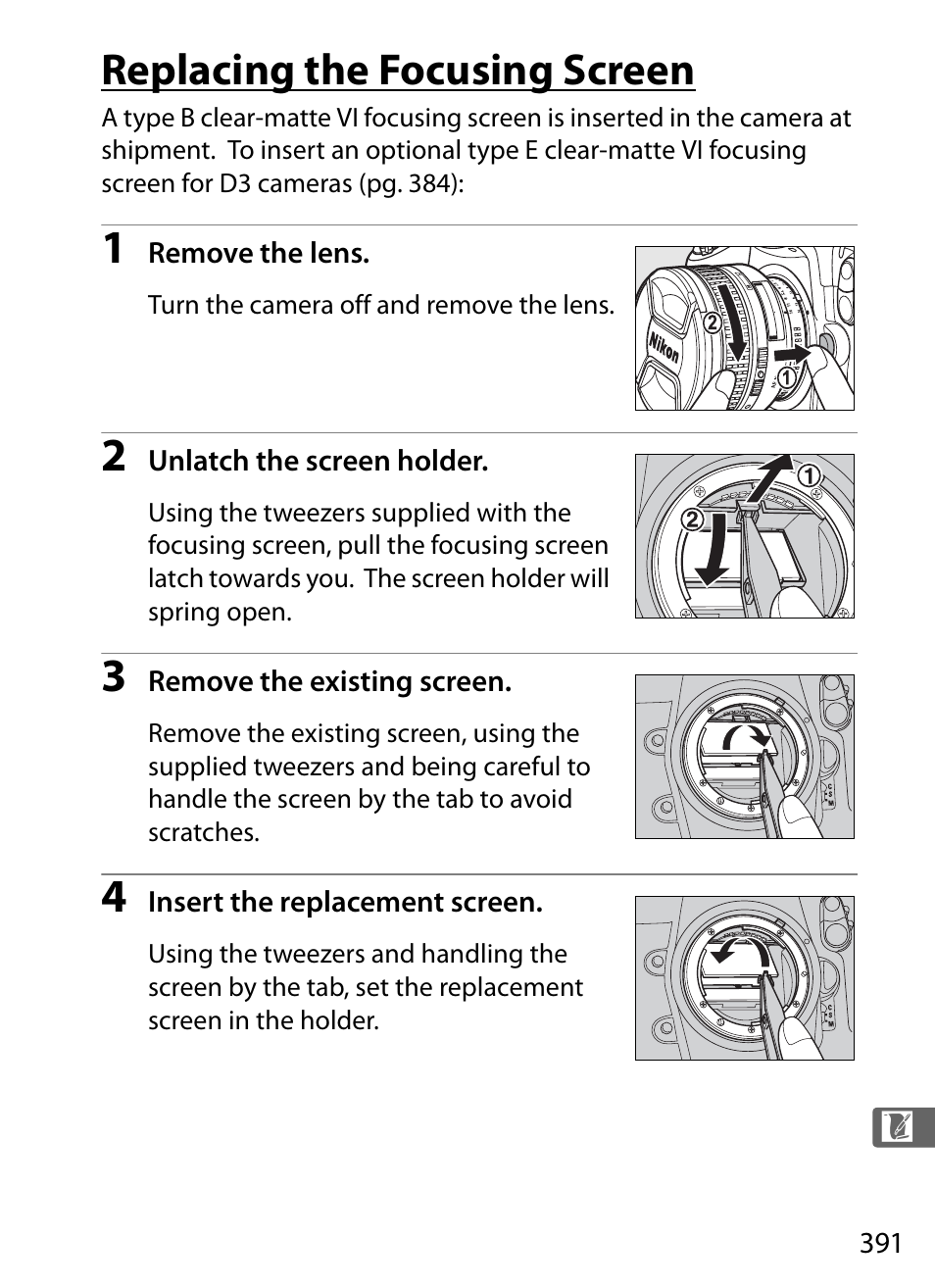 Replacing the focusing screen | Nikon D3 User Manual | Page 417 / 472