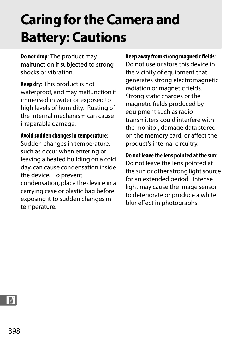 Caring for the camera and battery: cautions | Nikon D3 User Manual | Page 424 / 472