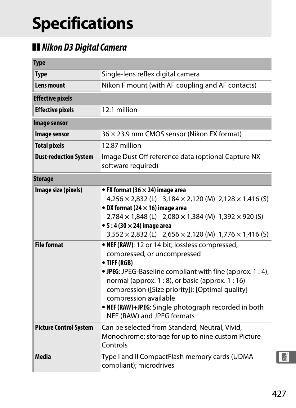 Specifications, Nikon d3 digital camera | Nikon D3 User Manual | Page 453 / 472