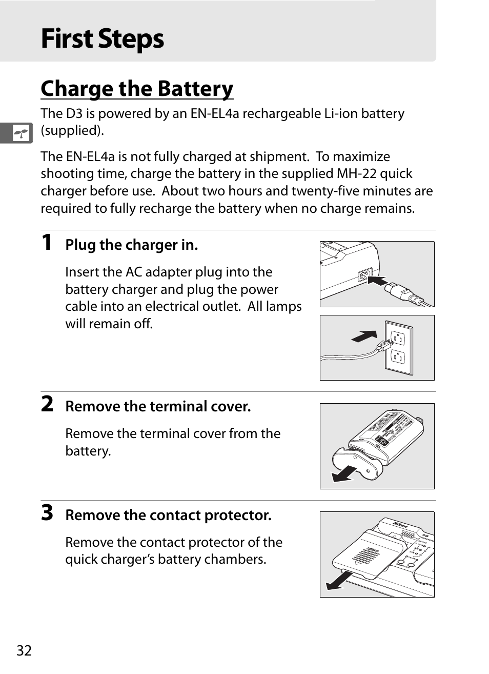 First steps, Charge the battery | Nikon D3 User Manual | Page 58 / 472