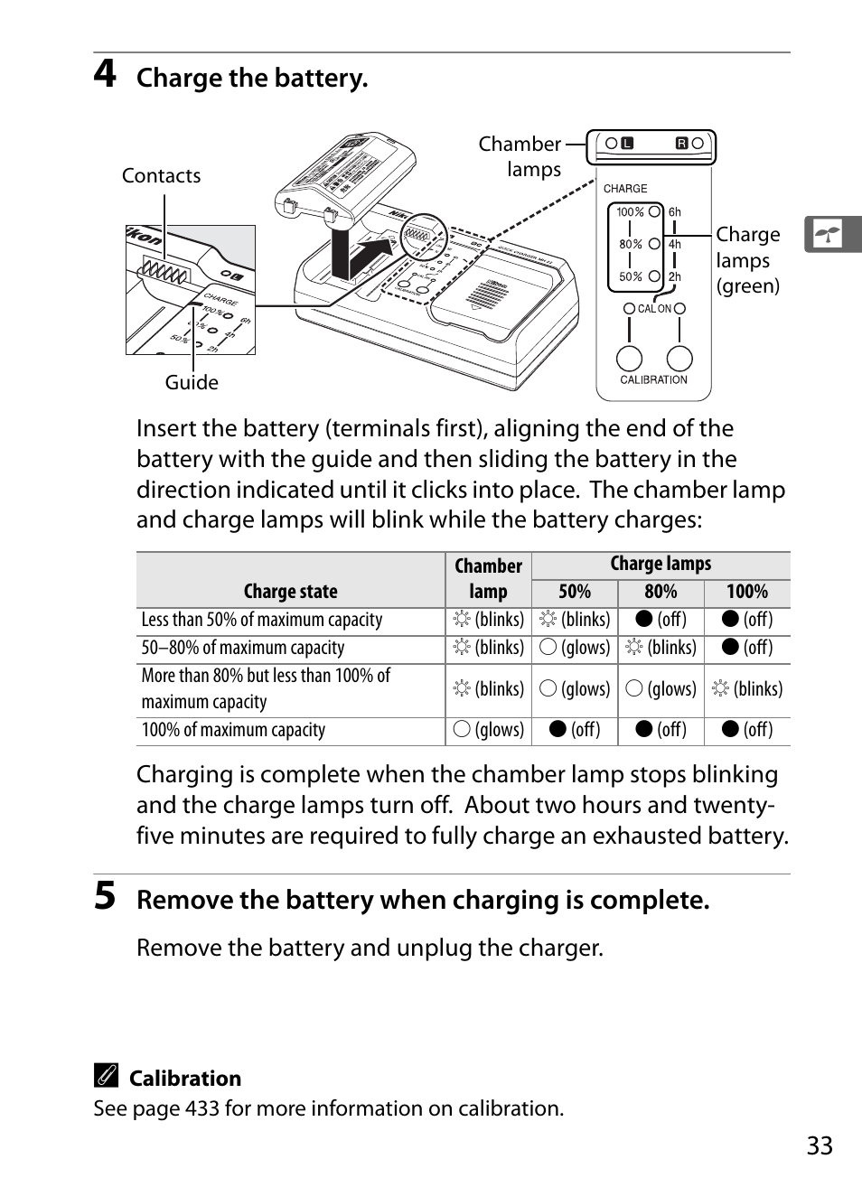 Charge the battery, Remove the battery when charging is complete | Nikon D3 User Manual | Page 59 / 472