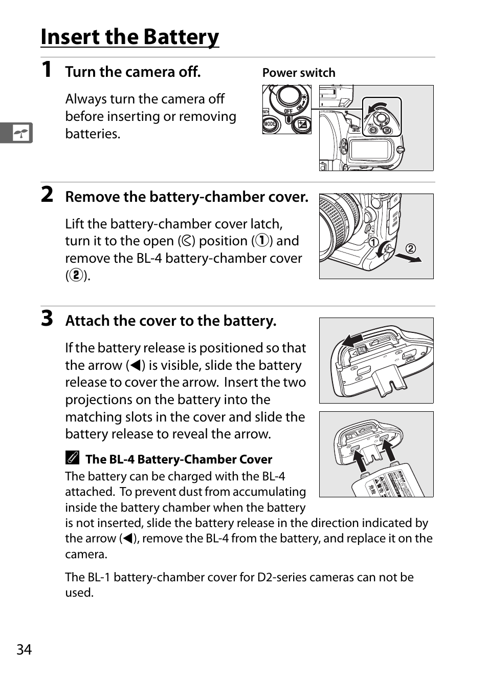 Insert the battery | Nikon D3 User Manual | Page 60 / 472