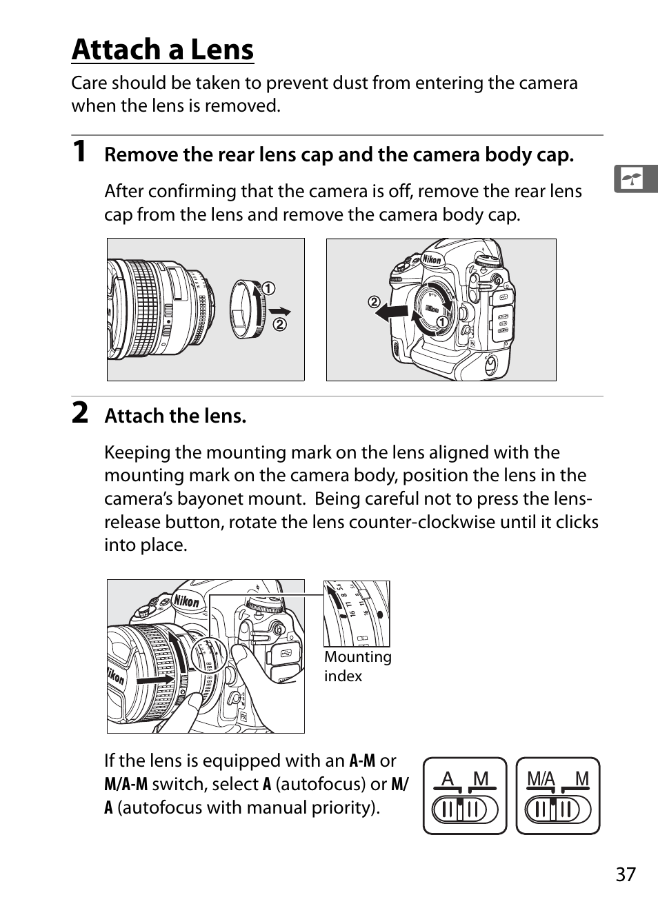 Attach a lens | Nikon D3 User Manual | Page 63 / 472