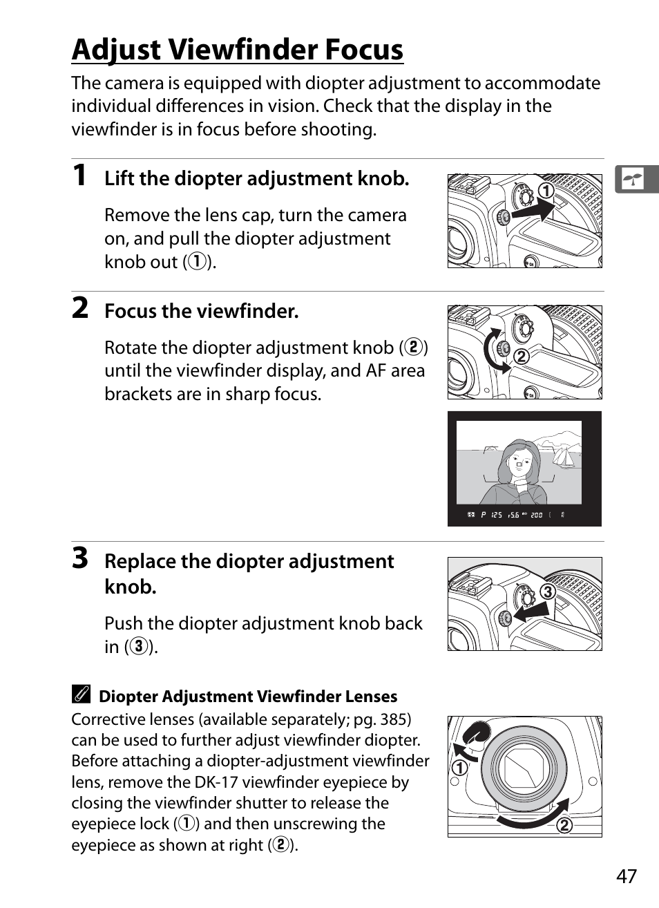 Adjust viewfinder focus | Nikon D3 User Manual | Page 73 / 472