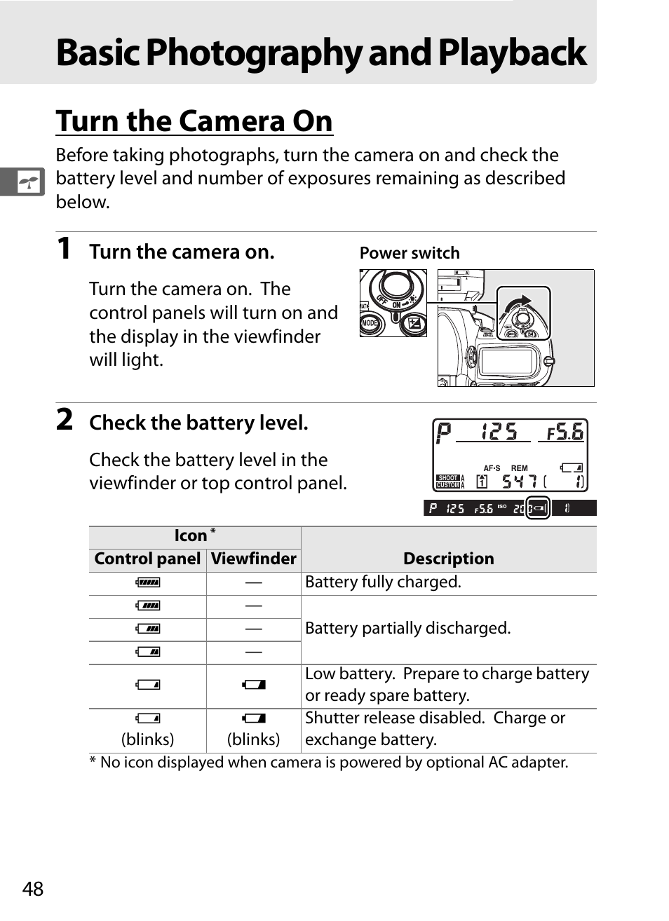 Basic photography and playback, Turn the camera on | Nikon D3 User Manual | Page 74 / 472