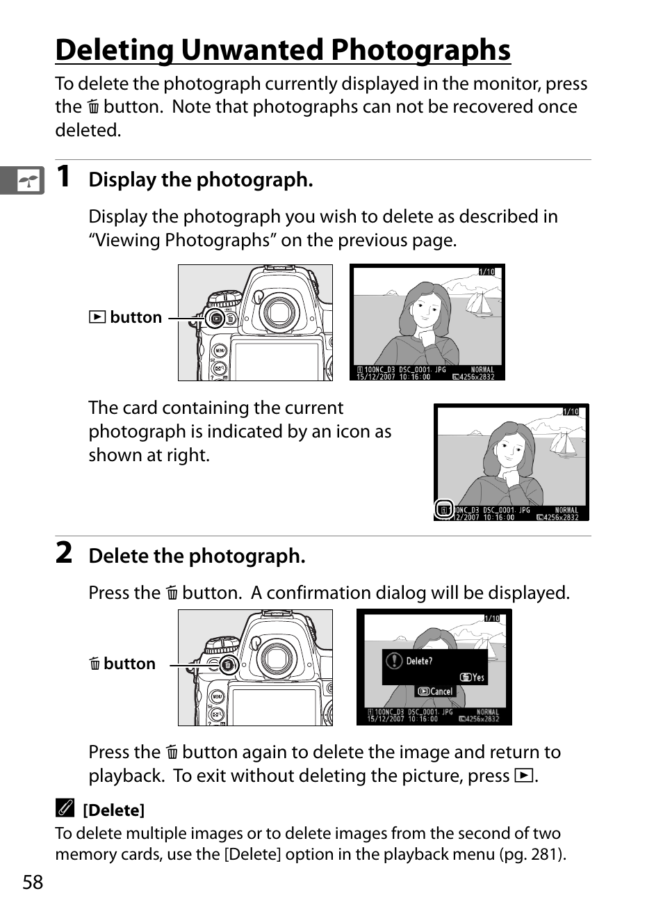 Deleting unwanted photographs | Nikon D3 User Manual | Page 84 / 472