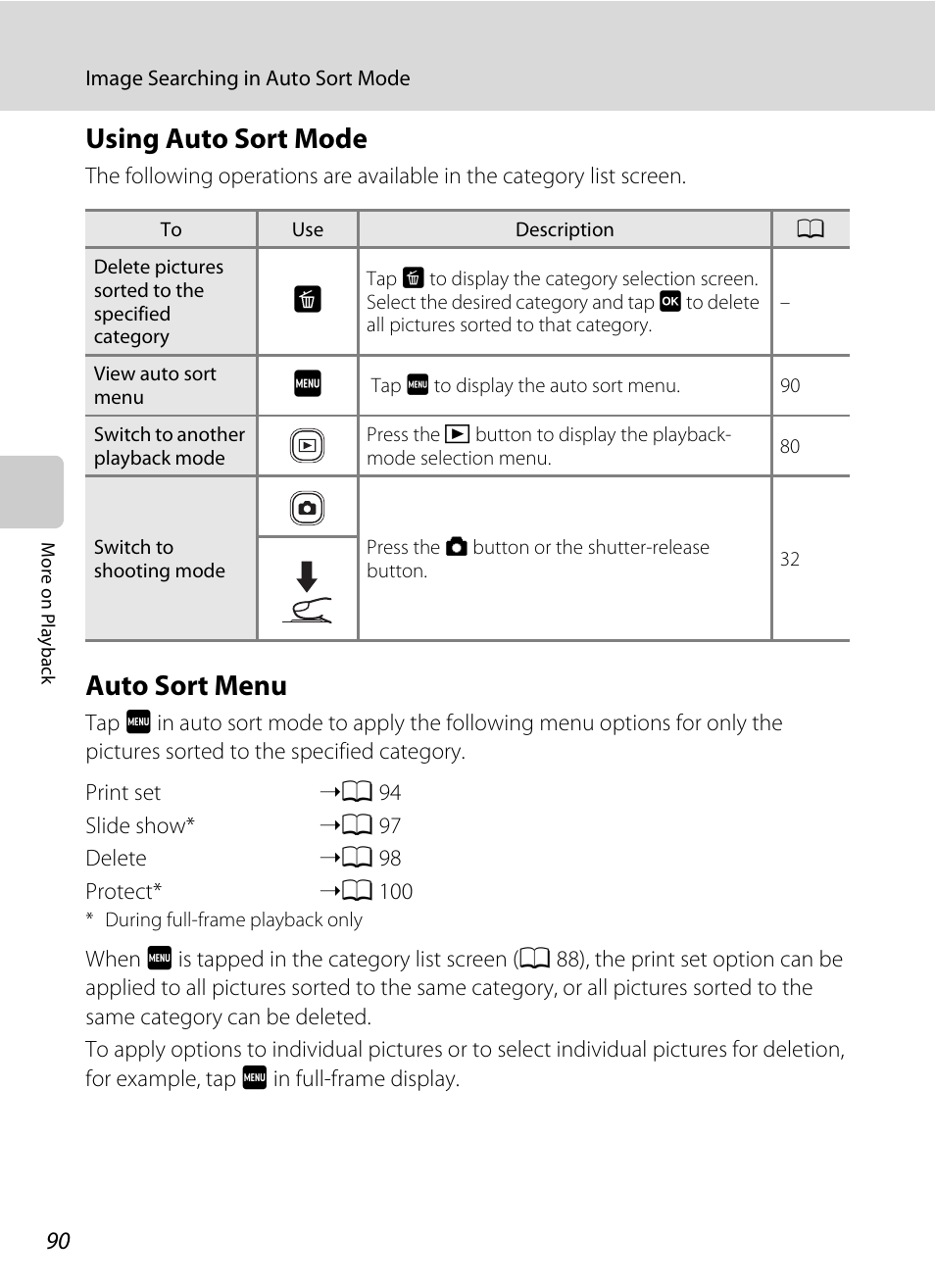 Using auto sort mode, Auto sort menu, Using auto sort mode auto sort menu | A 90) | Nikon S4000 User Manual | Page 102 / 196