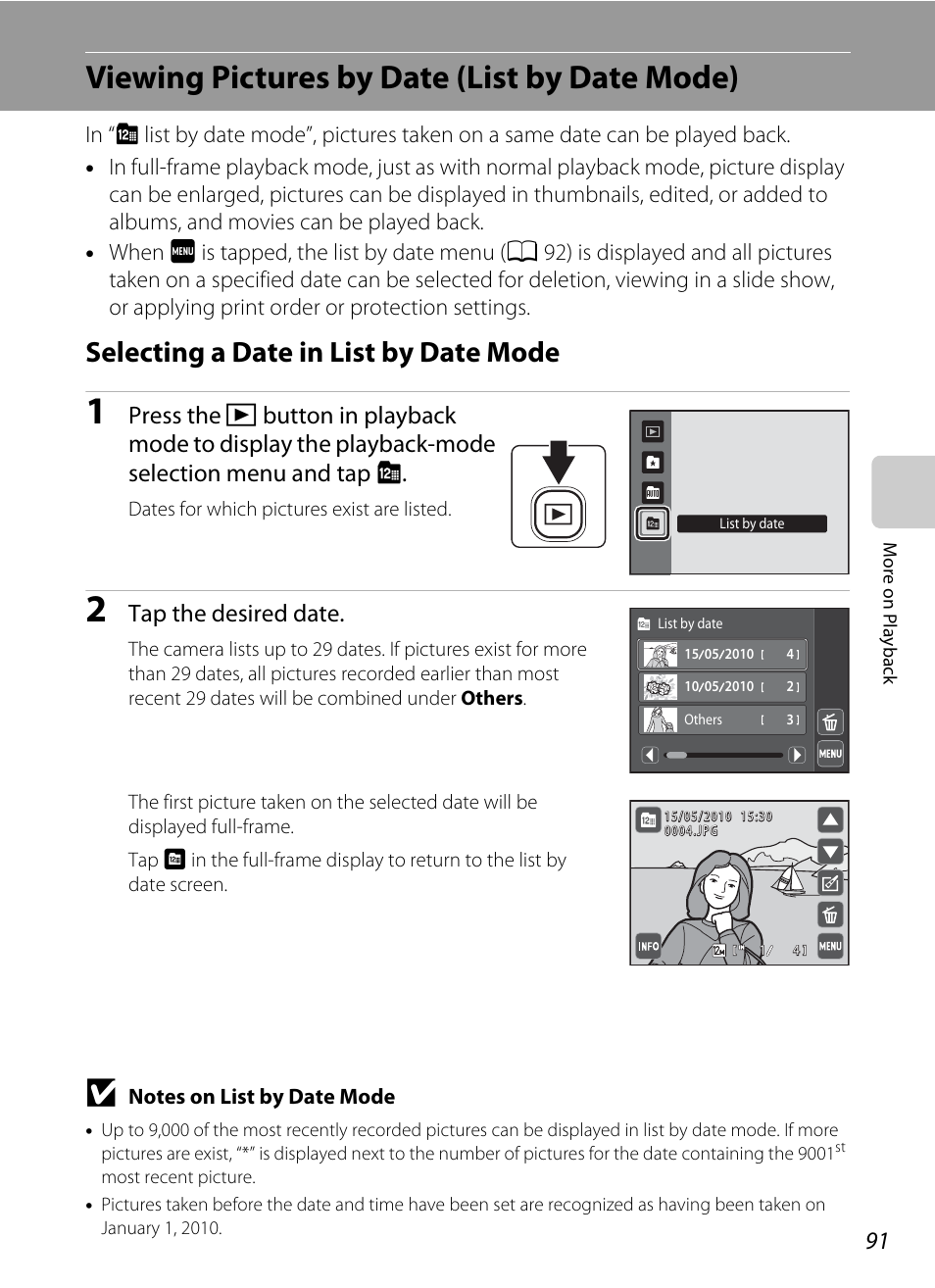 Viewing pictures by date (list by date mode), Selecting a date in list by date mode, A 91 | A 91), Tap the desired date | Nikon S4000 User Manual | Page 103 / 196