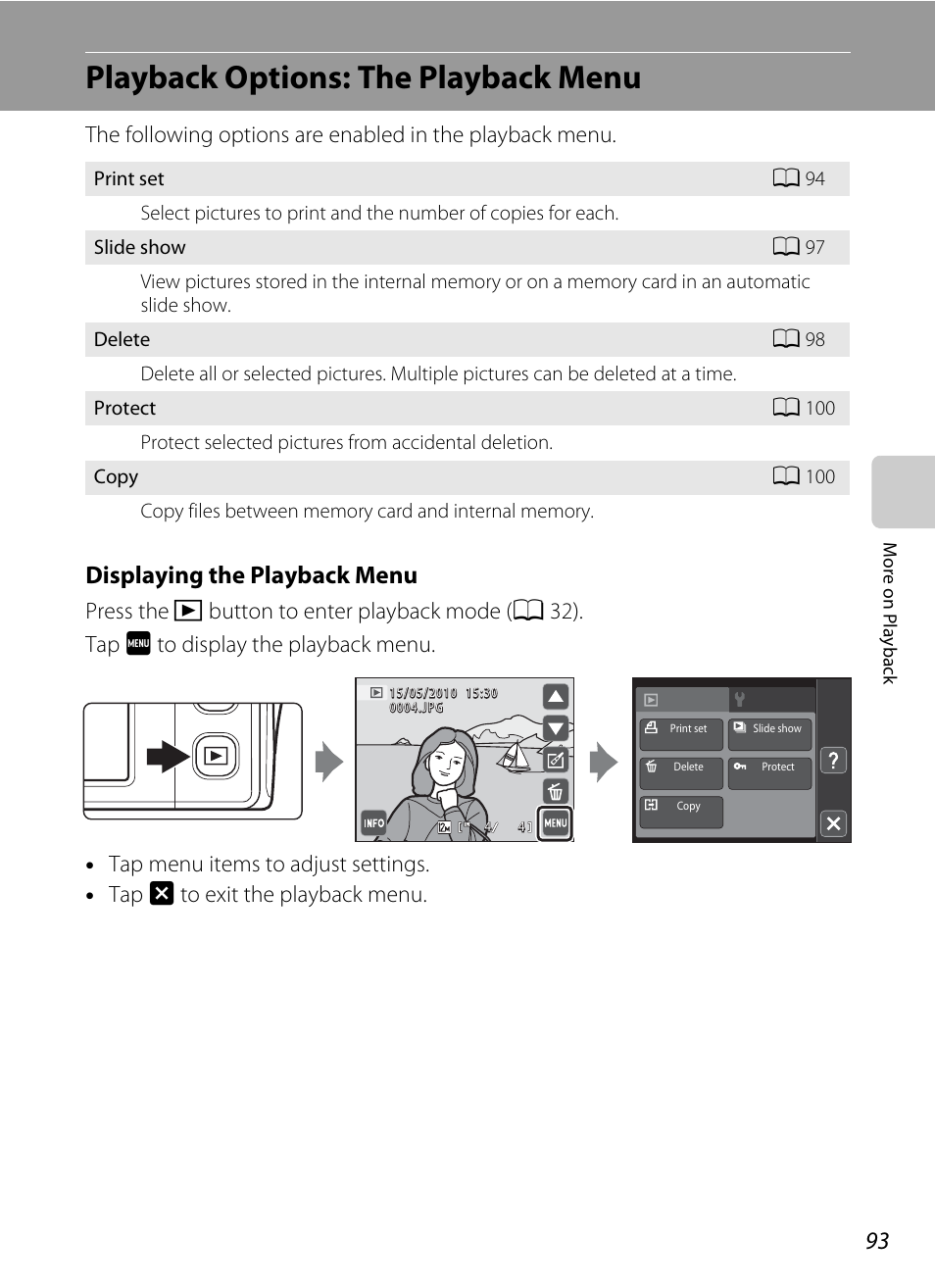 Playback options: the playback menu, A 93), the, Displaying the playback menu | Nikon S4000 User Manual | Page 105 / 196