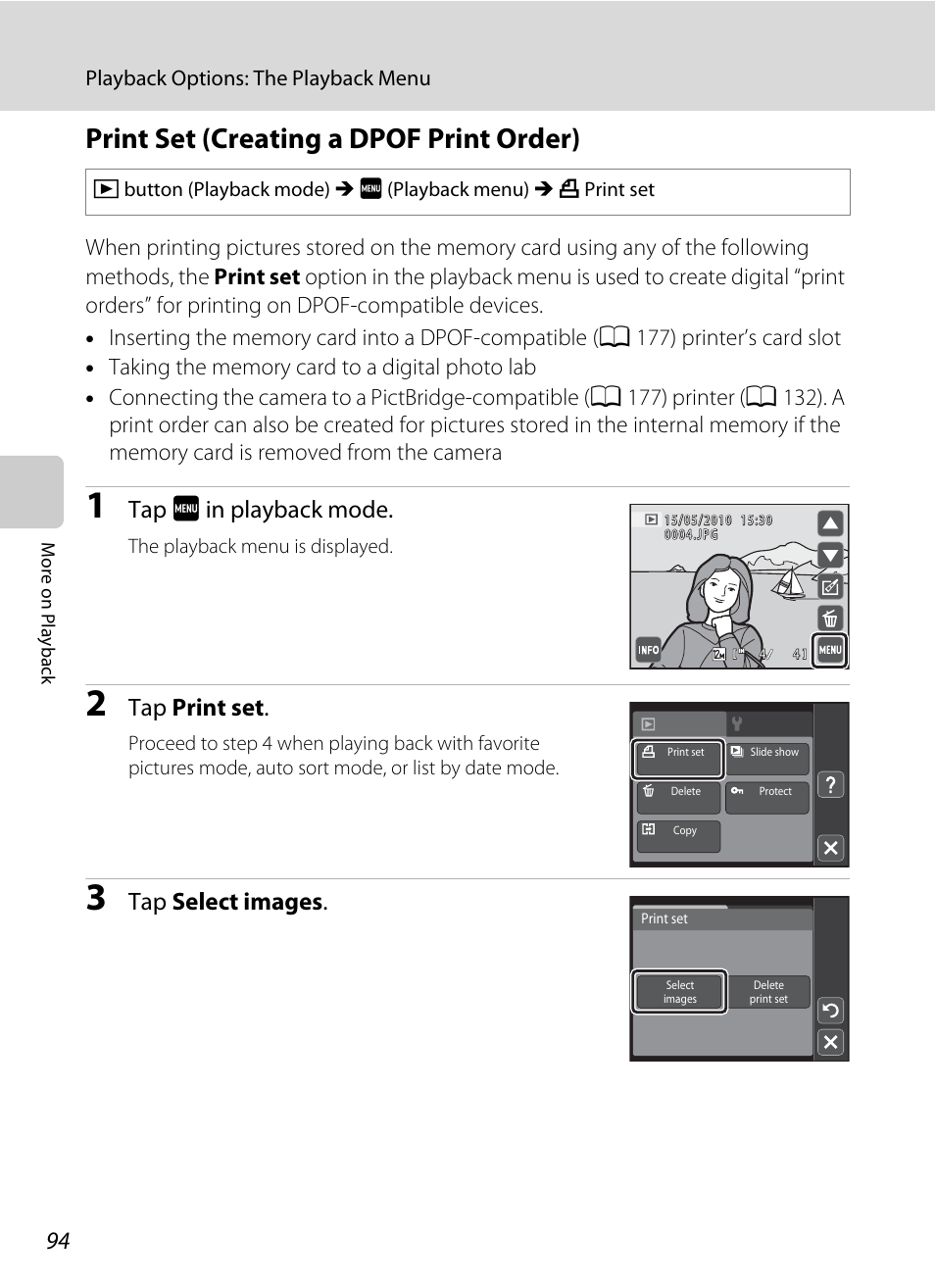 Print set (creating a dpof print order), A 94) or, A 94 | Tap f in playback mode, Tap print set, Tap select images | Nikon S4000 User Manual | Page 106 / 196