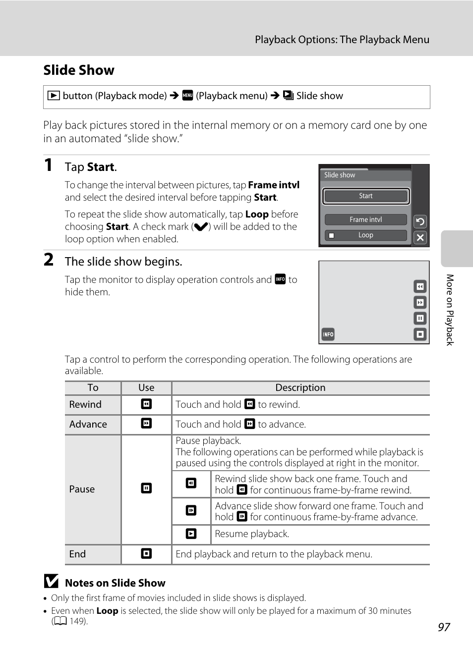 Slide show, A 97, Tap start | The slide show begins | Nikon S4000 User Manual | Page 109 / 196