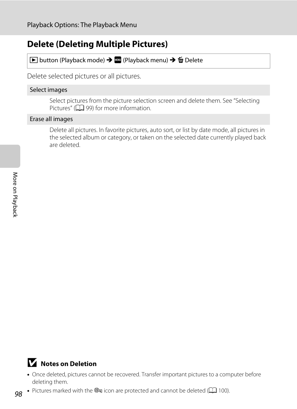 Delete (deleting multiple pictures), A 98), A 98 | Nikon S4000 User Manual | Page 110 / 196