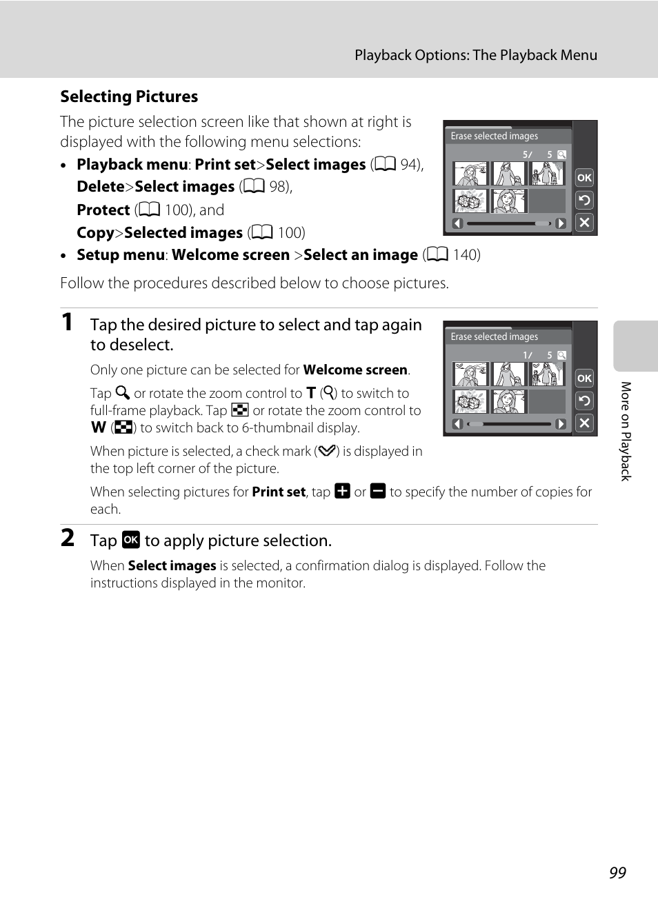 Selecting pictures, Tap i to apply picture selection | Nikon S4000 User Manual | Page 111 / 196