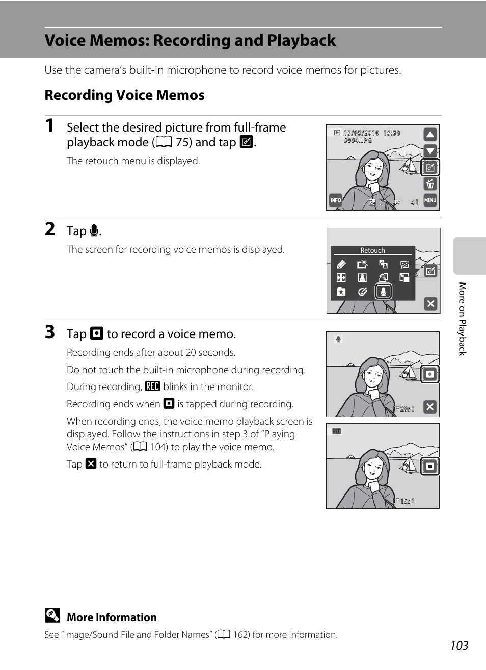 Voice memos: recording and playback, Recording voice memos, A 103 | Tap e | Nikon S4000 User Manual | Page 115 / 196