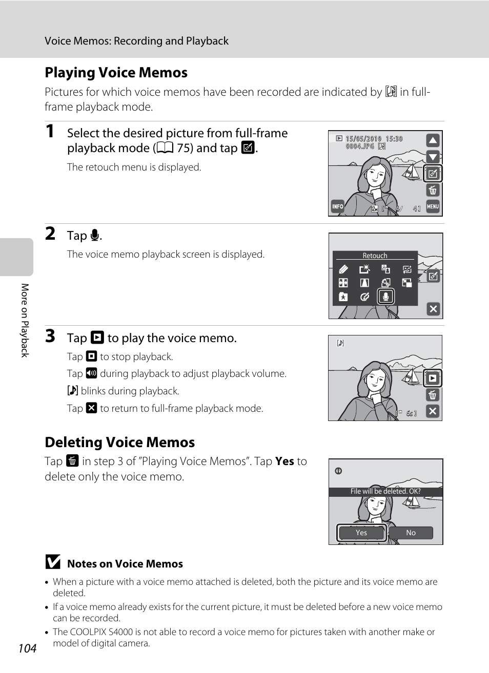 Playing voice memos, Deleting voice memos, Playing voice memos deleting voice memos | Of “playing voice memos, A 104) to, Tap e | Nikon S4000 User Manual | Page 116 / 196