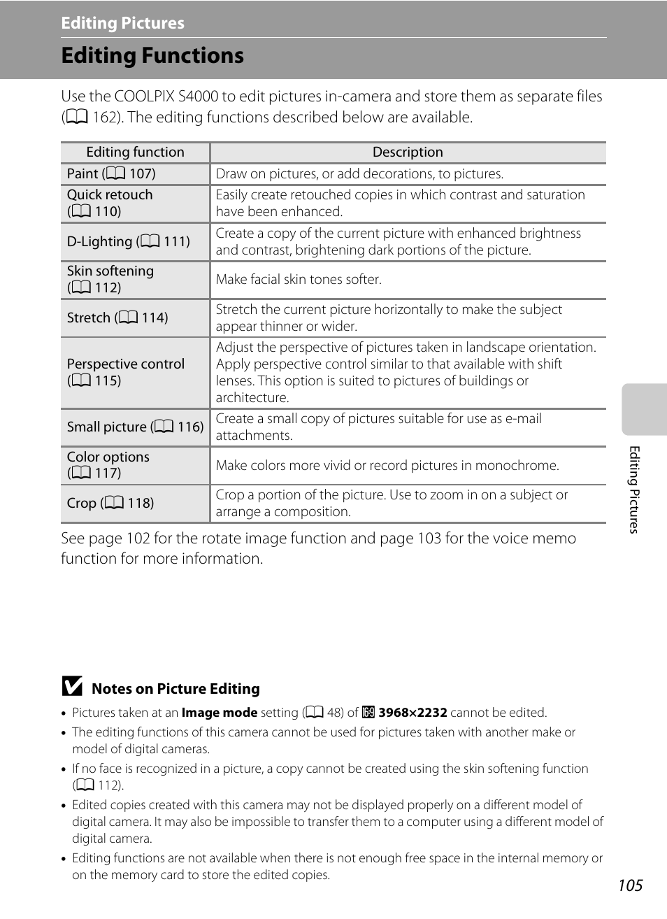 Editing pictures, Editing functions, Editing pictures” (a 105) for | Using editing function, A 105) | Nikon S4000 User Manual | Page 117 / 196