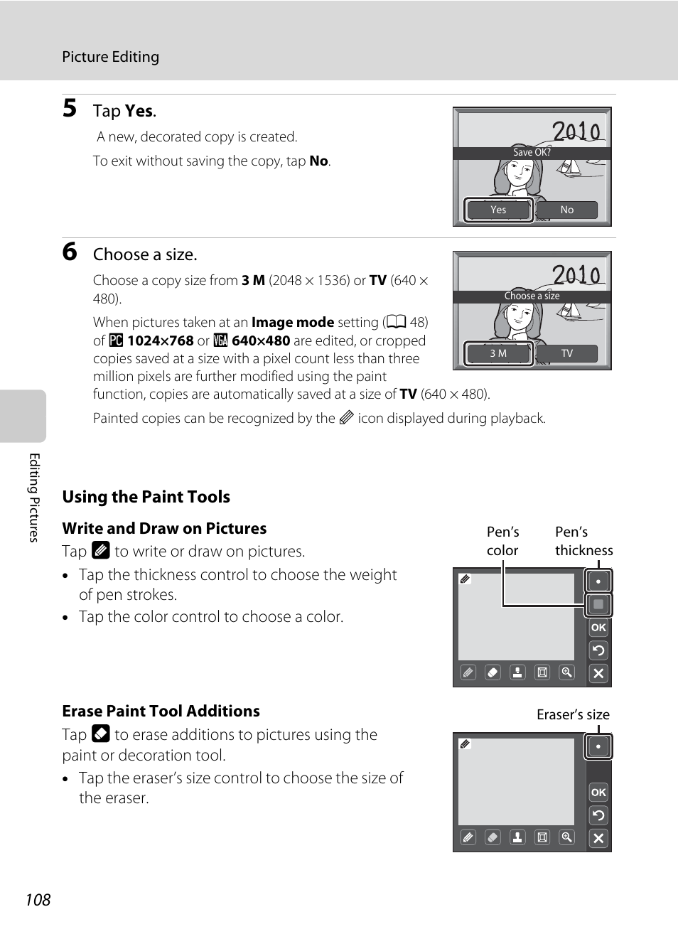 Tap yes, Choose a size, Using the paint tools | Nikon S4000 User Manual | Page 120 / 196