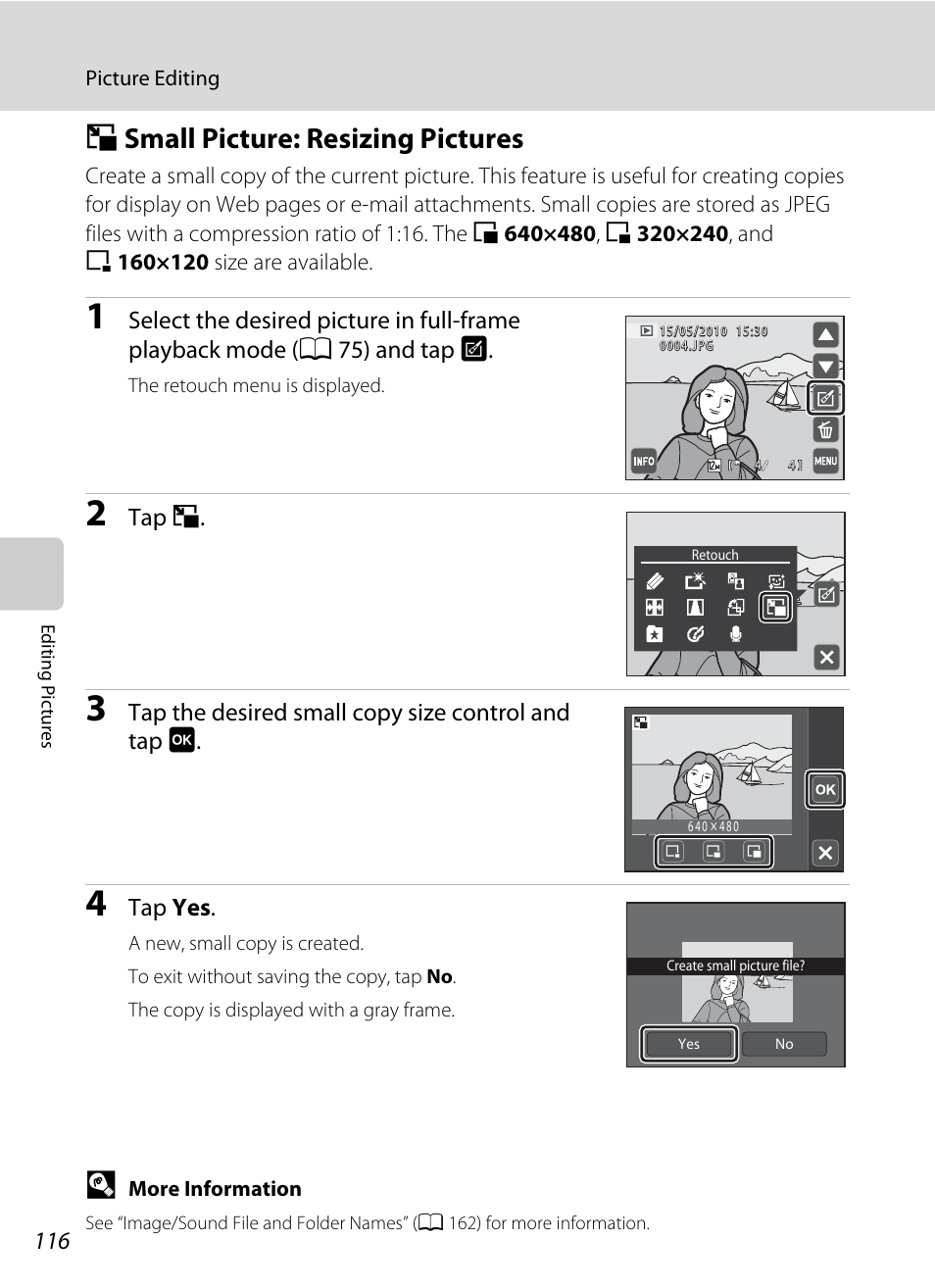 Small picture: resizing pictures, G small picture: resizing pictures, L picture | A 116), Gsmall picture: resizing pictures | Nikon S4000 User Manual | Page 128 / 196