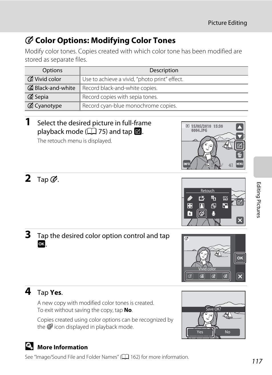 Color options: modifying color tones, F color options: modifying color tones, A 117) | Fcolor options: modifying color tones | Nikon S4000 User Manual | Page 129 / 196