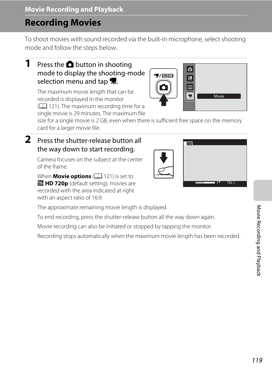 Movie recording and playback, Recording movies, A 119) | A 119 | Nikon S4000 User Manual | Page 131 / 196