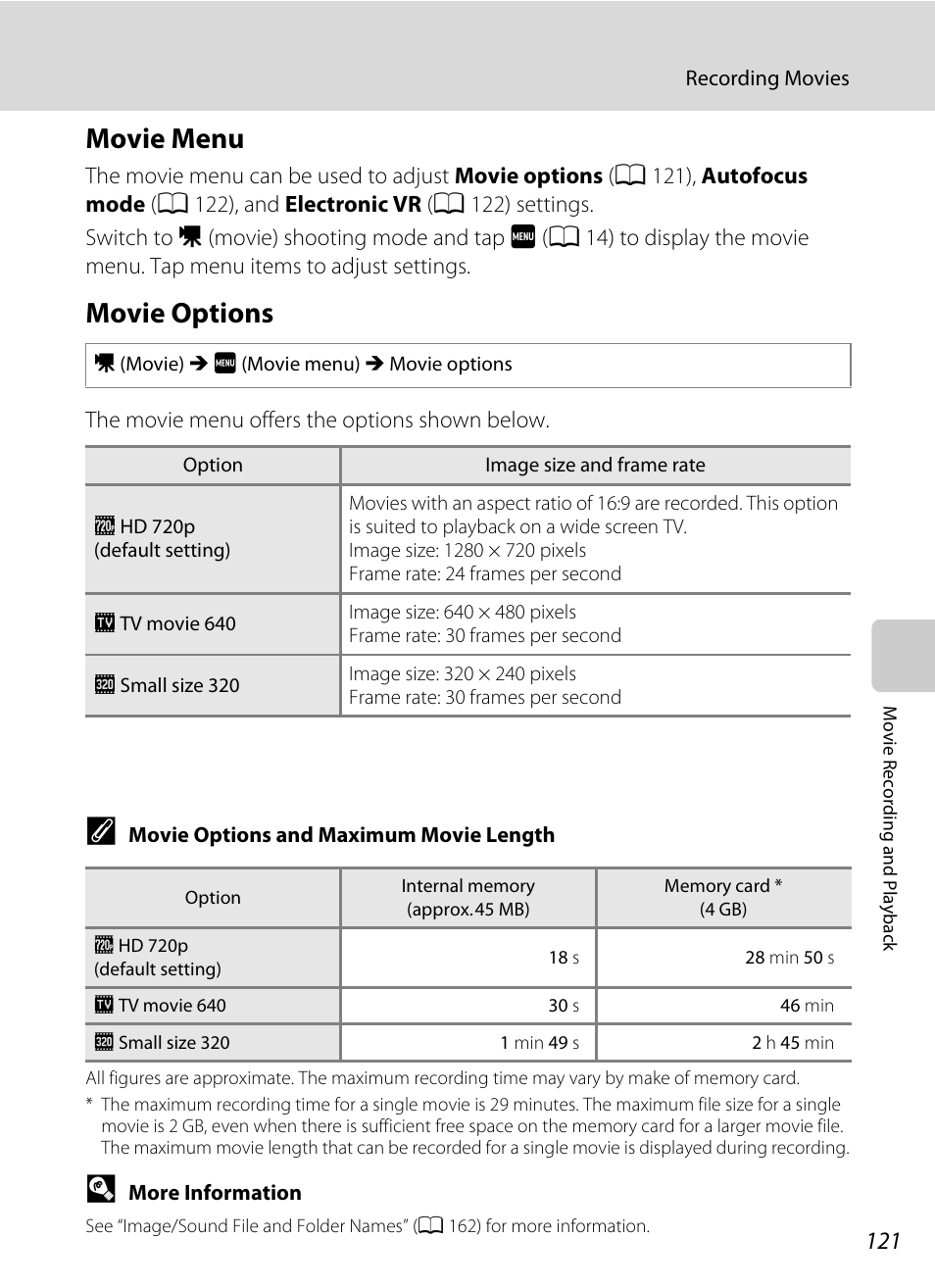 Movie menu, Movie options, Movie menu movie options | A 121) | Nikon S4000 User Manual | Page 133 / 196