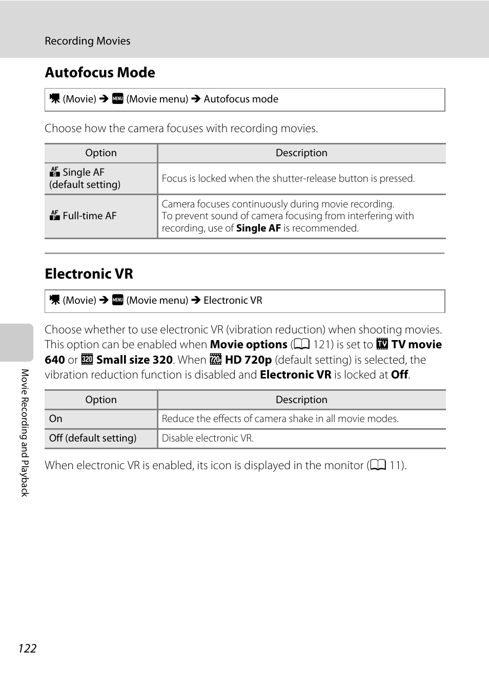 Autofocus mode, Electronic vr, Autofocus mode electronic vr | A 122), A 122), and, A 122) s | Nikon S4000 User Manual | Page 134 / 196