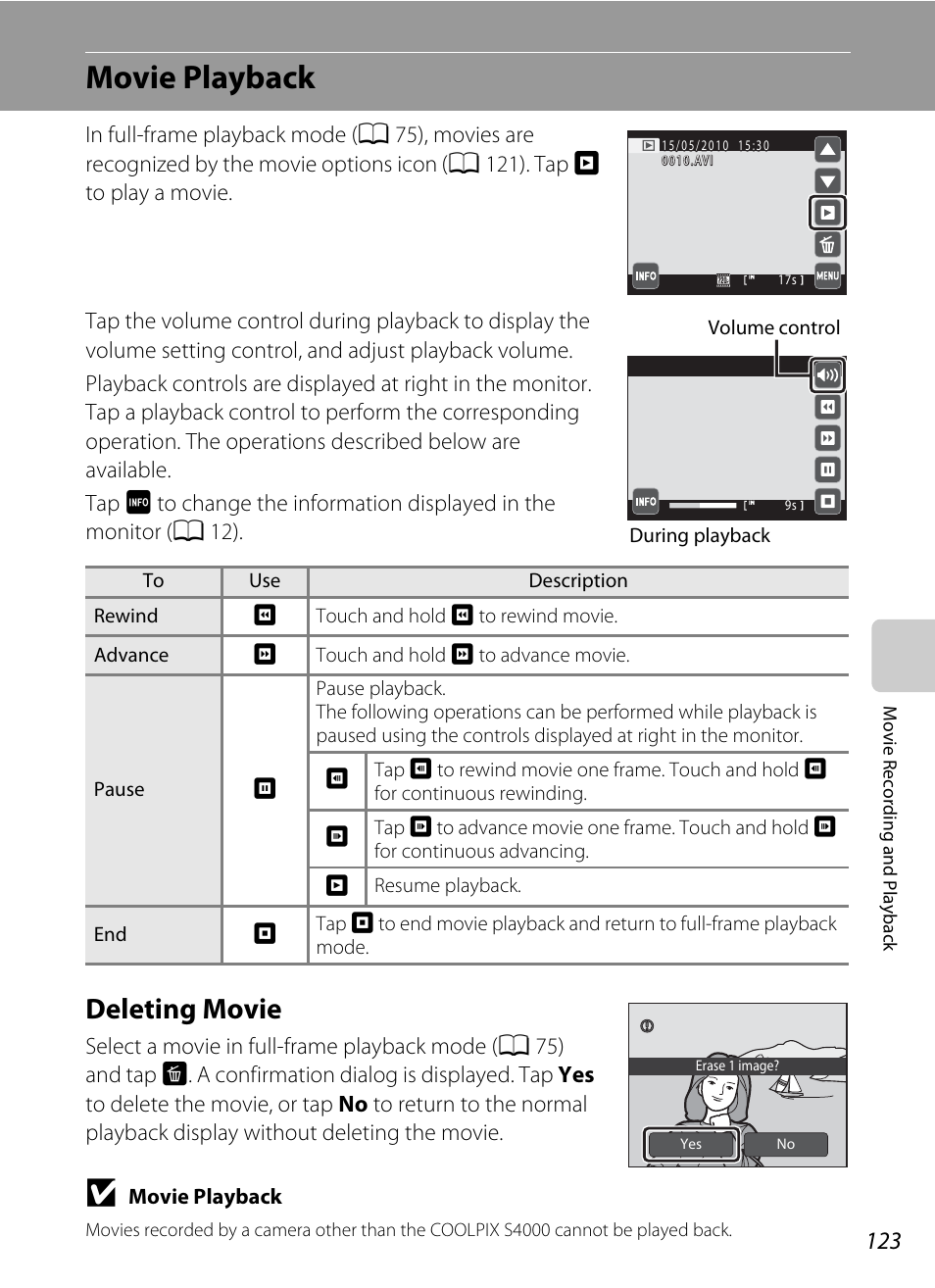 Movie playback, Deleting movie | Nikon S4000 User Manual | Page 135 / 196