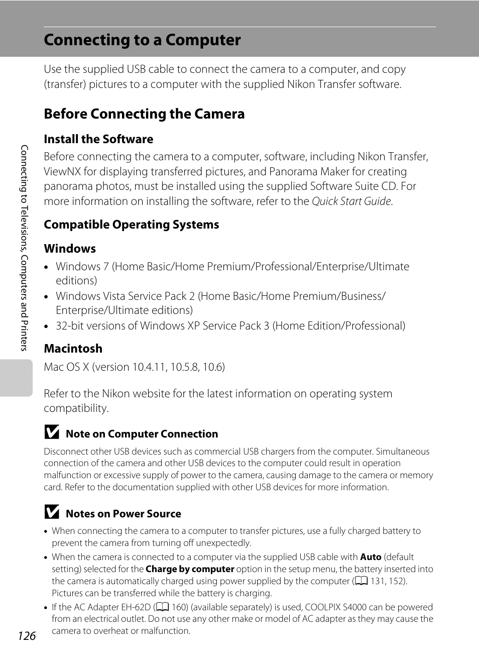 Connecting to a computer, Before connecting the camera, A 126, 152 | A 126) | Nikon S4000 User Manual | Page 138 / 196