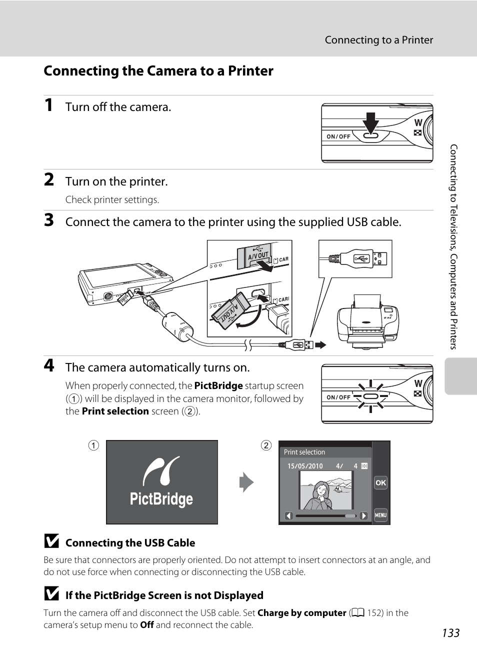 Connecting the camera to a printer, A 133) | Nikon S4000 User Manual | Page 145 / 196