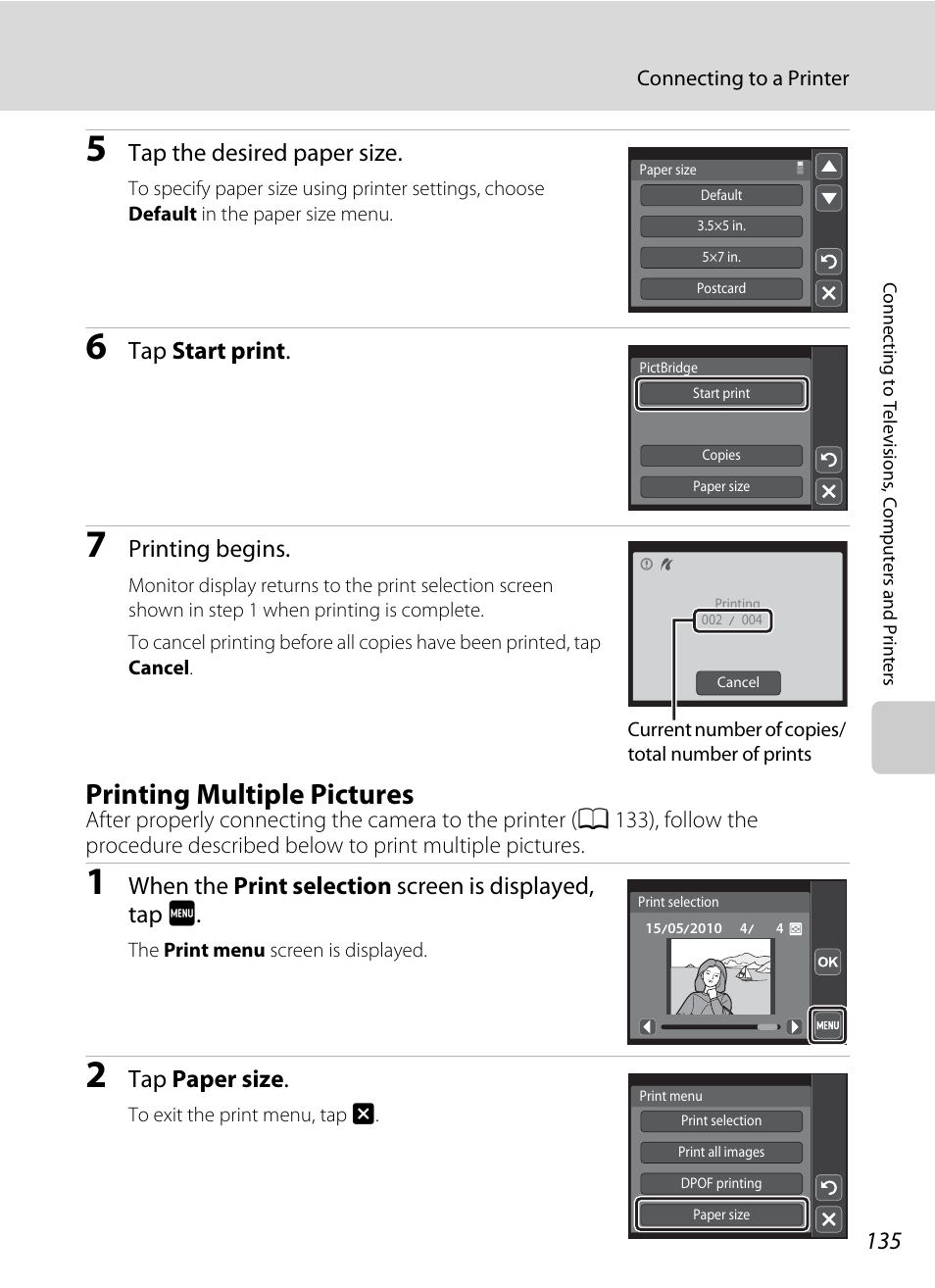 Printing multiple pictures, A 135), Tap the desired paper size | Tap start print, Printing begins, Tap paper size | Nikon S4000 User Manual | Page 147 / 196