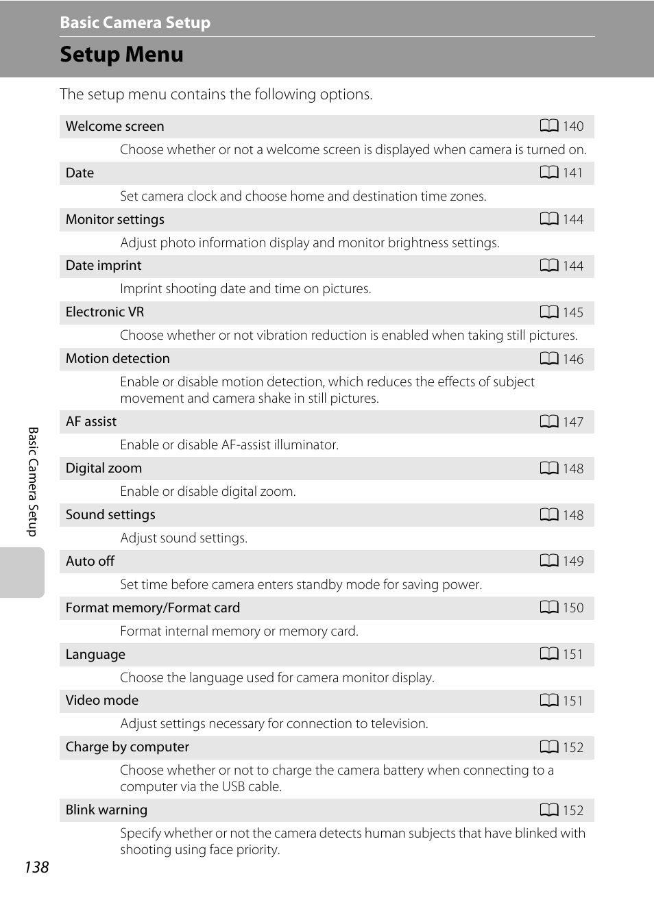 Basic camera setup, Setup menu, A 138) | Nu (a 138) to, Tup menu (a 138, Menu (a 138) | Nikon S4000 User Manual | Page 150 / 196