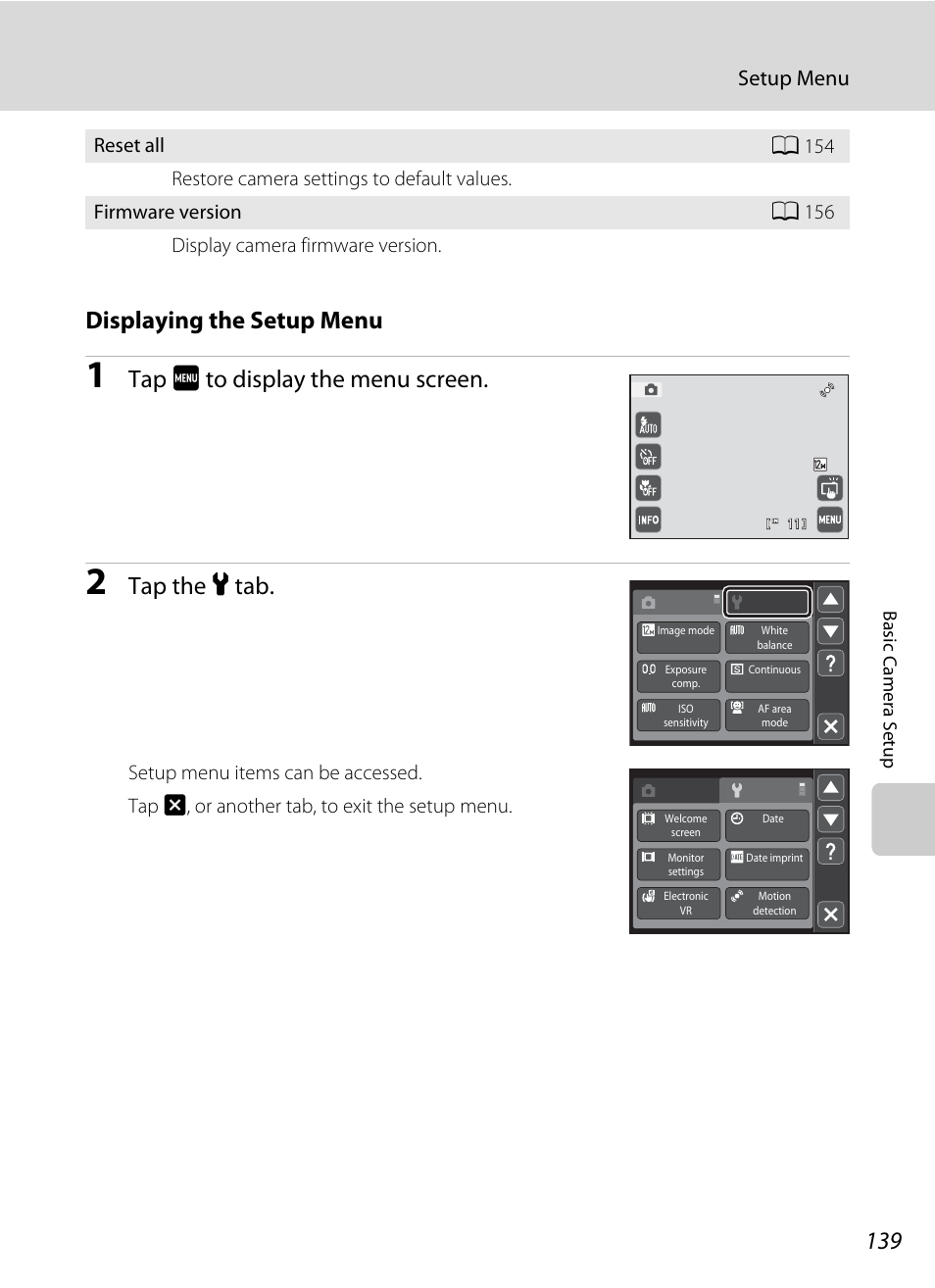 Displaying the setup menu, Tap f to display the menu screen, Tap the z tab | Setup menu | Nikon S4000 User Manual | Page 151 / 196