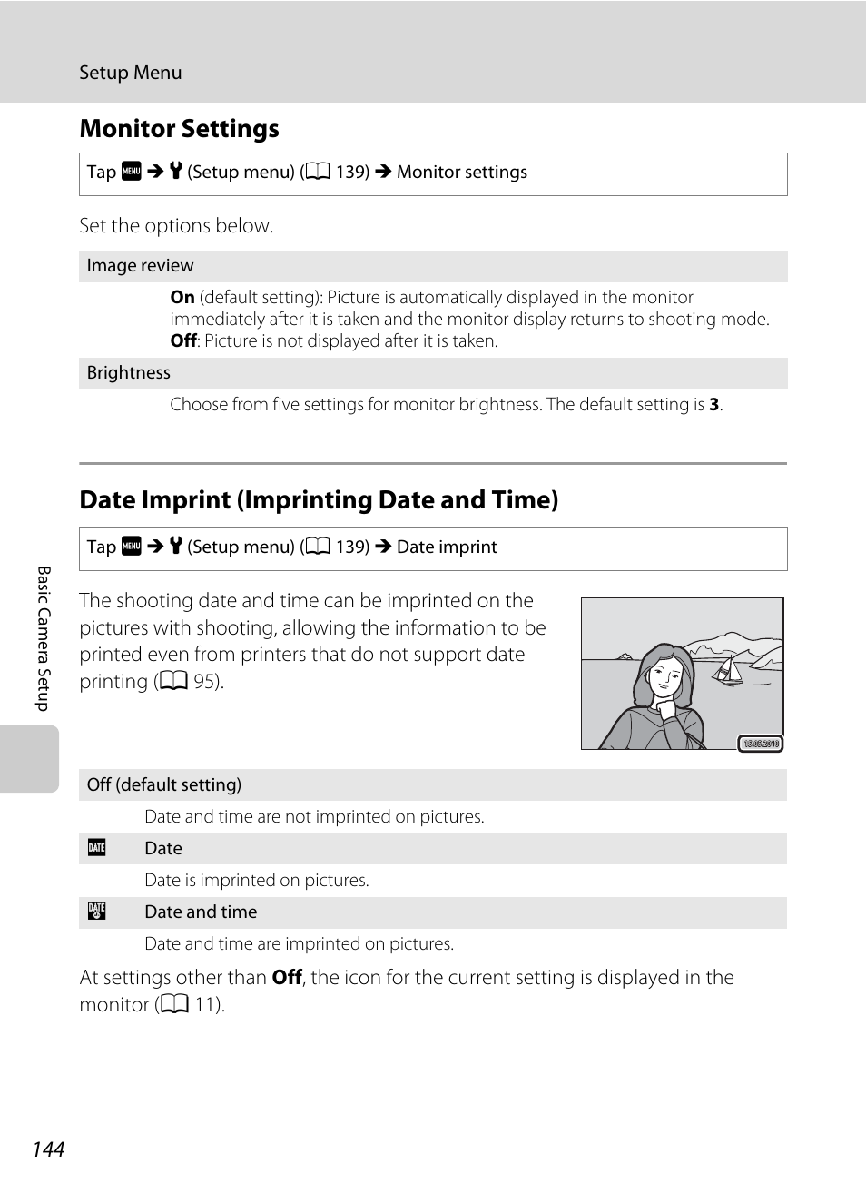 Monitor settings, Date imprint (imprinting date and time), A 144) in | A 144 | Nikon S4000 User Manual | Page 156 / 196