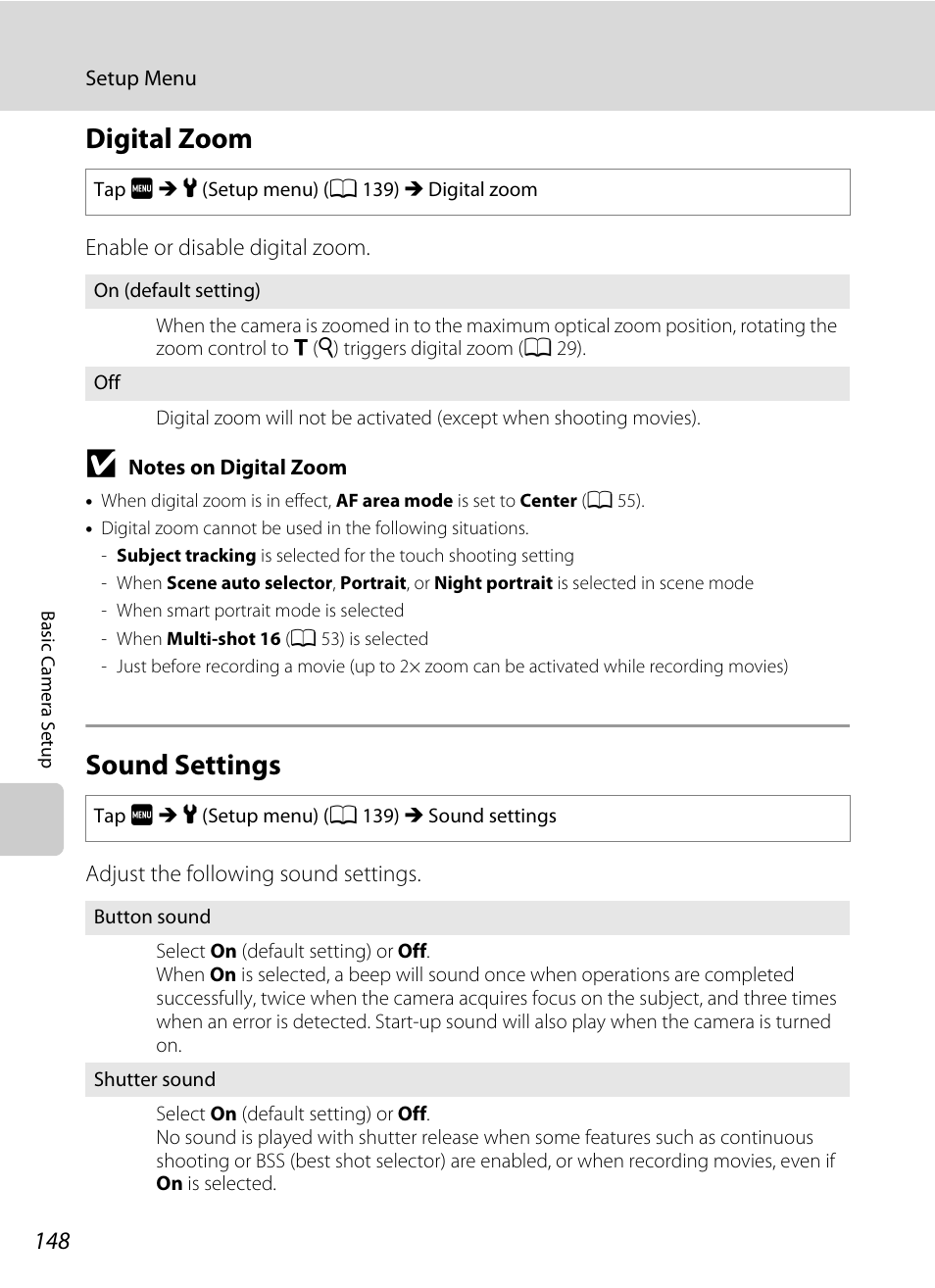 Digital zoom, Sound settings, Digital zoom sound settings | A 148) in, A 148) for, A 148 | Nikon S4000 User Manual | Page 160 / 196