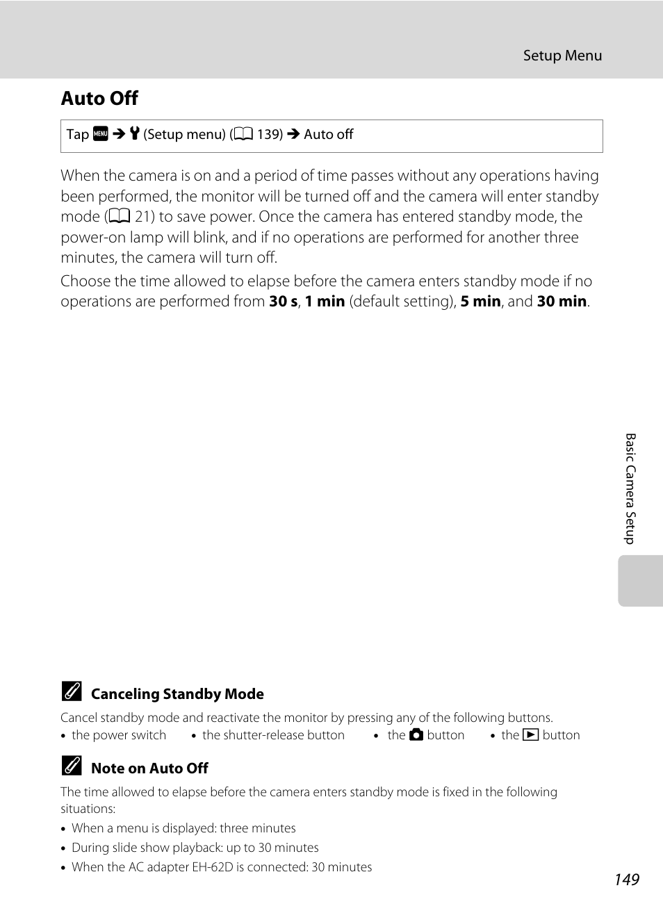 Auto off, A 149) i, A 149) | A 149) in, A 149 | Nikon S4000 User Manual | Page 161 / 196