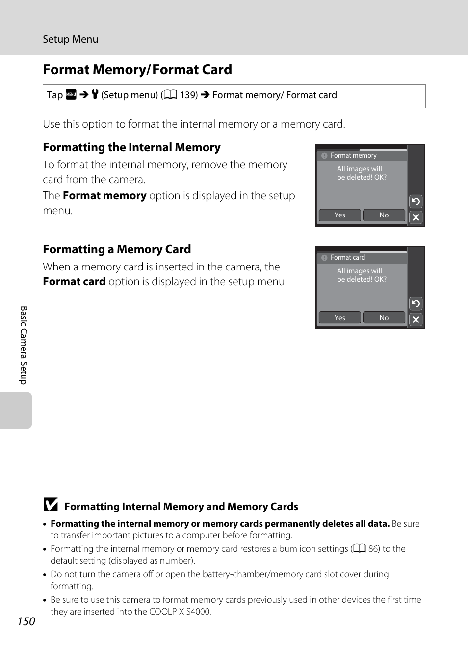 Format memory/ format card, Format memory/format card, A 150 | Nikon S4000 User Manual | Page 162 / 196