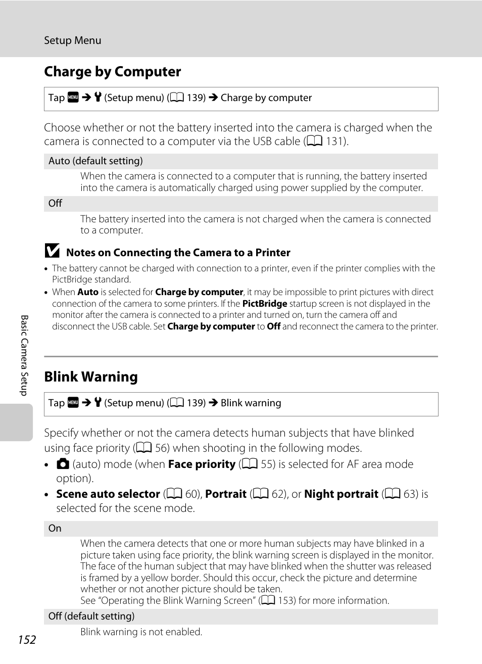 Charge by computer, Blink warning, Charge by computer blink warning | A 152) in, A 152 | Nikon S4000 User Manual | Page 164 / 196