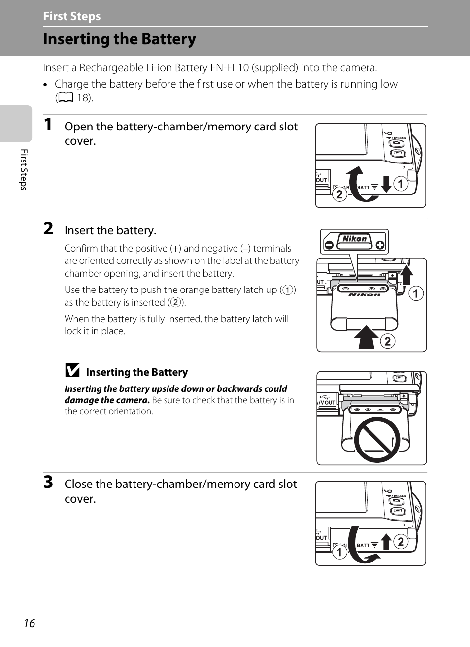 First steps, Inserting the battery | Nikon S4000 User Manual | Page 28 / 196