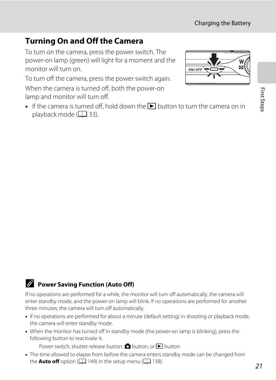Turning on and off the camera, A 21) and make sure | Nikon S4000 User Manual | Page 33 / 196