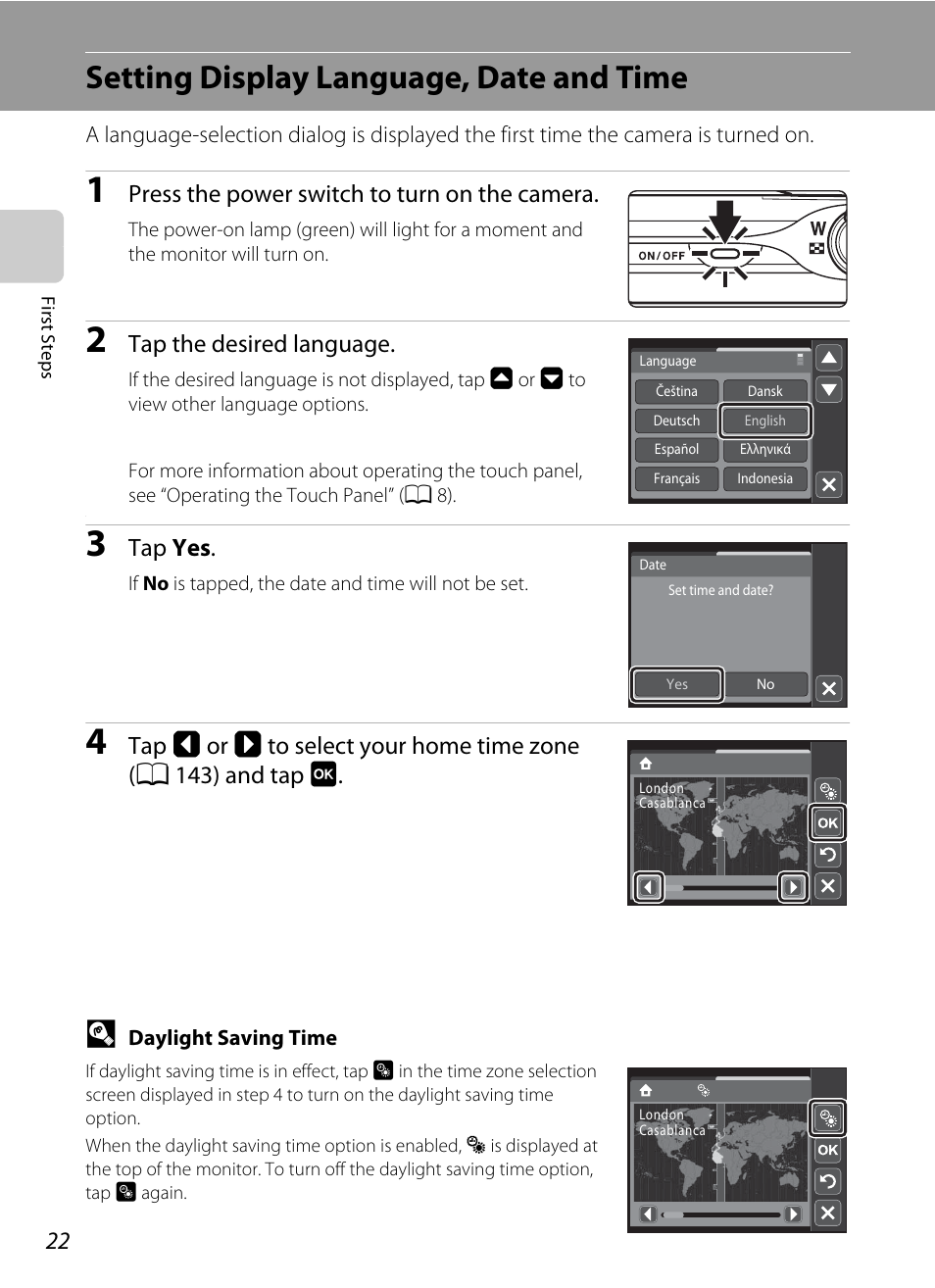 Setting display language, date and time, Press the power switch to turn on the camera, Tap the desired language | Tap yes | Nikon S4000 User Manual | Page 34 / 196